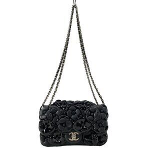 CHANEL Mini Matelasse, Camellia - Black Lambskin Patent Leather Shoulder Bag